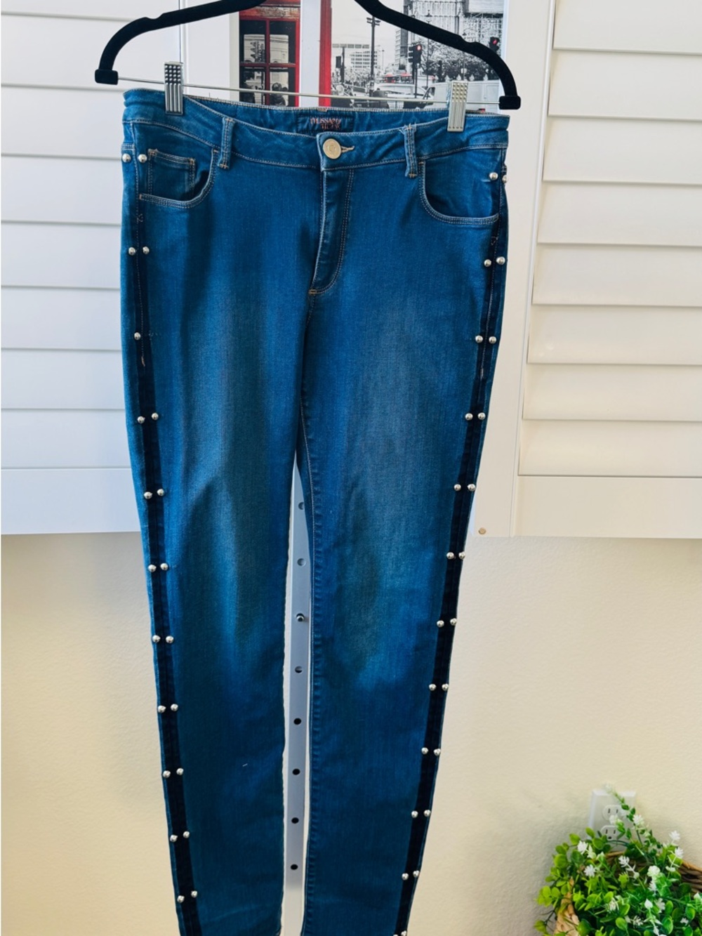 Trussardi Blue mid rise Skinny Jeans with studded Side Trim. Size 16